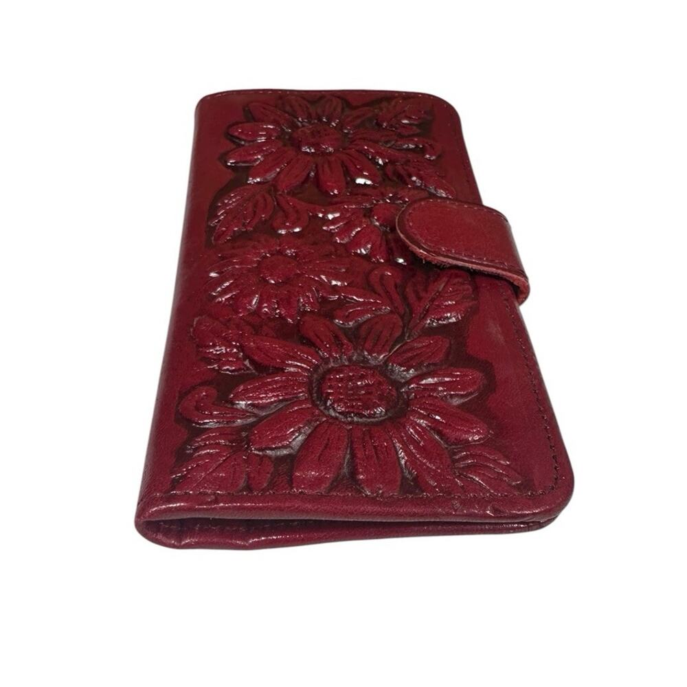 Vtg‎ Red Tooled Leather Sunflower Womens Embossed Clutch Wallet Mexico 8" x 4" - Picture 5 of 10